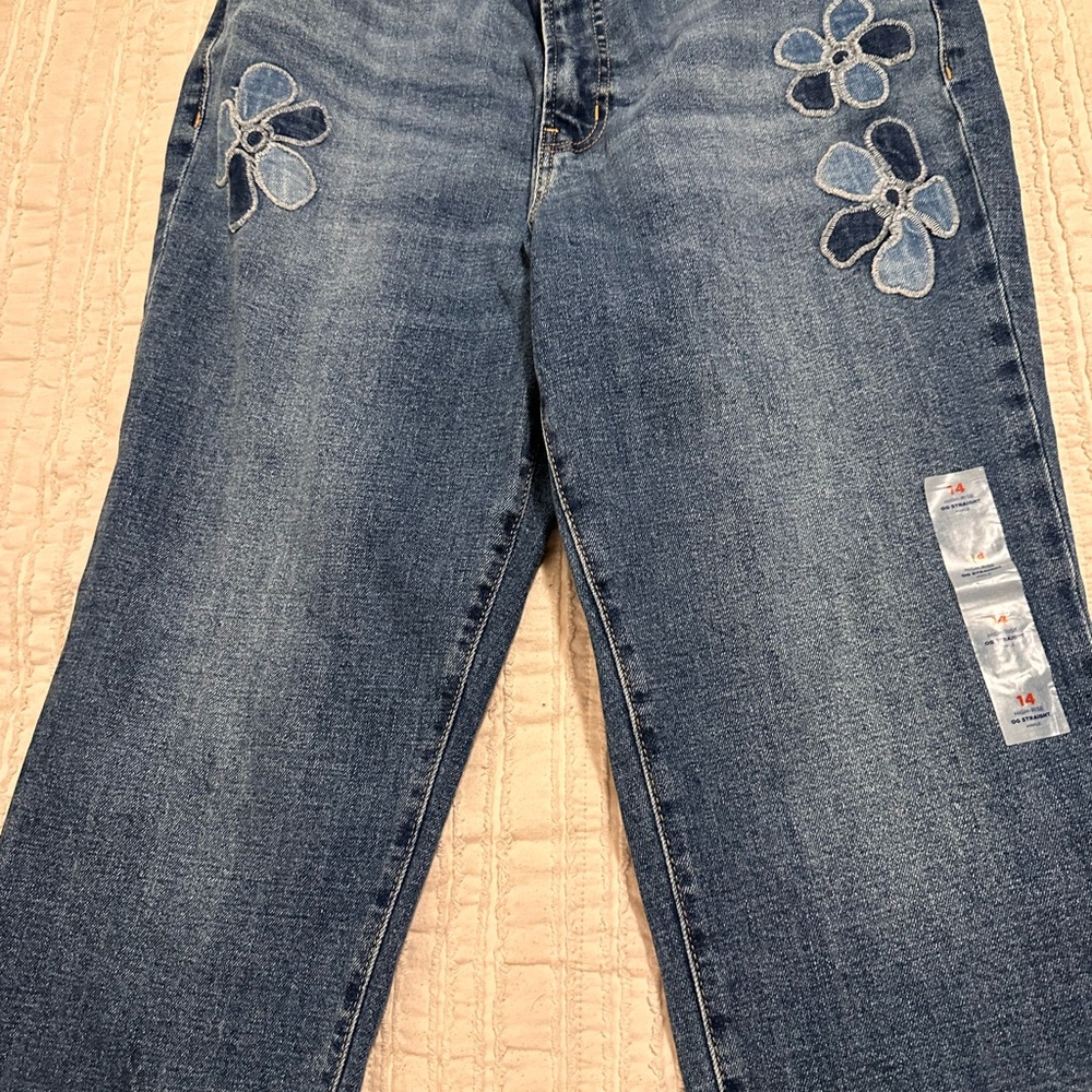 Old Navy Blue Straight-Leg Jeans with Embroidered Flowers